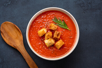 Homemade tomato soup on vintage table
