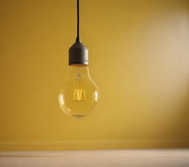 Solitary yellow bulb hangs against vibrant yellow backdrop,  hanging light,  one
