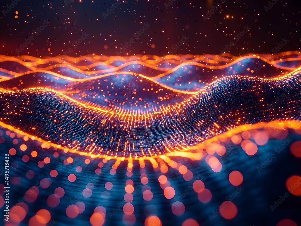 Poster glowing quantum lattice structure extending into an endless digital landscape