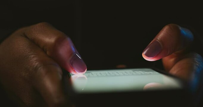 Night, phishing and hands typing with phone for texting, internet crime and person with digital fraud. Password, cybersecurity and hacker with smartphone for online scam, dark web crypto and risk