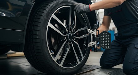 Professional Mechanic Performing Wheel Alignment and Balancing on a Modern Car