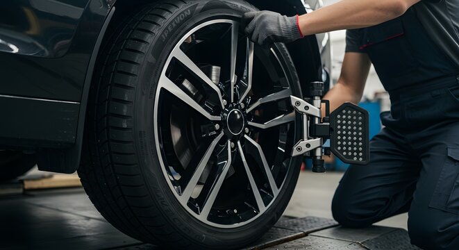 Professional Mechanic Performing Wheel Alignment and Balancing on a Modern Car - Powered by Adobe