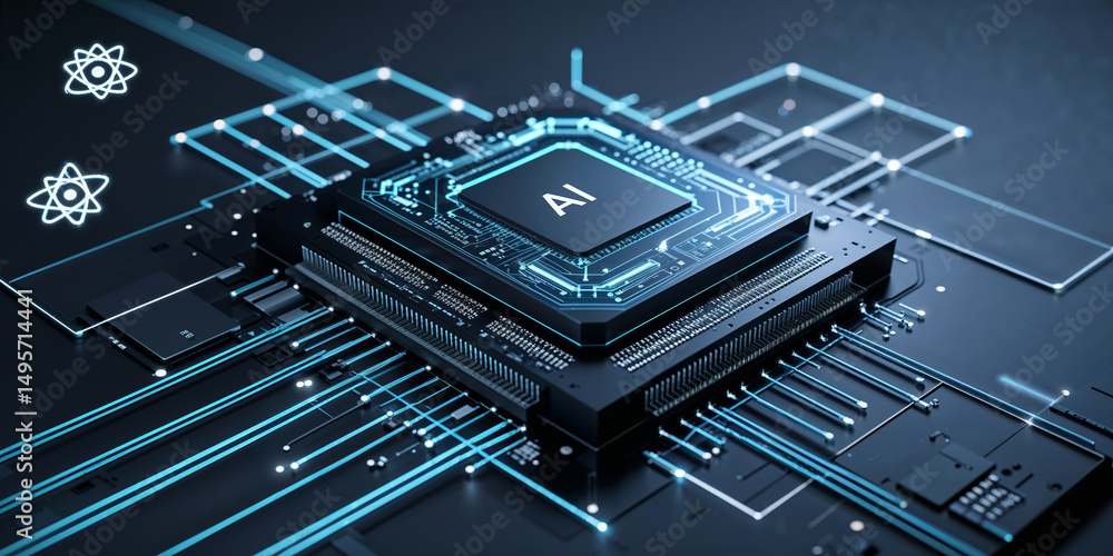 Poster high-tech ai microchip showcasing advanced circuitry and data processing capabilities in a futuristi