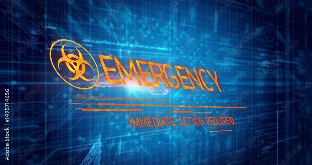 Poster biohazard symbol fading in ebk glitching to emergency animating immediate action required warning