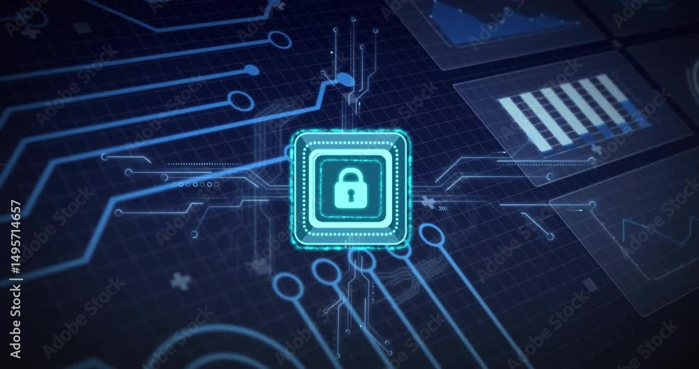 Poster lock icon appearing and pulsing on grid while circuit lines fanning, panels fading securing network