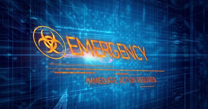 Biohazard symbol fading in EBK glitching to EMERGENCY animating immediate action required warning