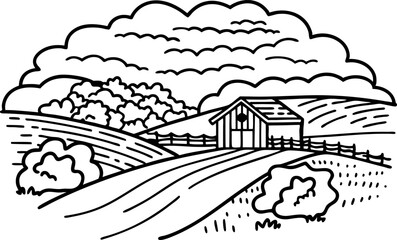 scenic rural landscape with barn and rolling hills under cloudy sky, serene countryside illustration