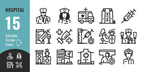 
Hospital Line Icon Set – Editable Thin Outline Medical Symbols for Healthcare, Emergency, and Treatment UI
