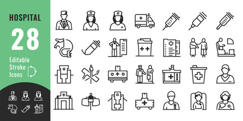 
Hospital Line Icon Set – Editable Thin Outline Medical Symbols for Healthcare, Emergency, and Treatment UI
