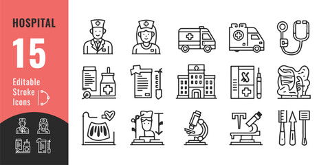 
Hospital Line Icon Set – Editable Thin Outline Medical Symbols for Healthcare, Emergency, and Treatment UI
