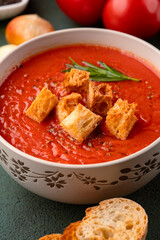 Homemade tomato soup on vintage table