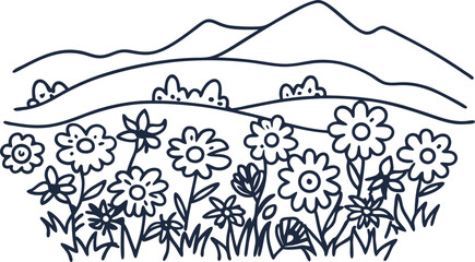 Fototapeta premium Black and white floral landscape illustration with mountains and wildflowers