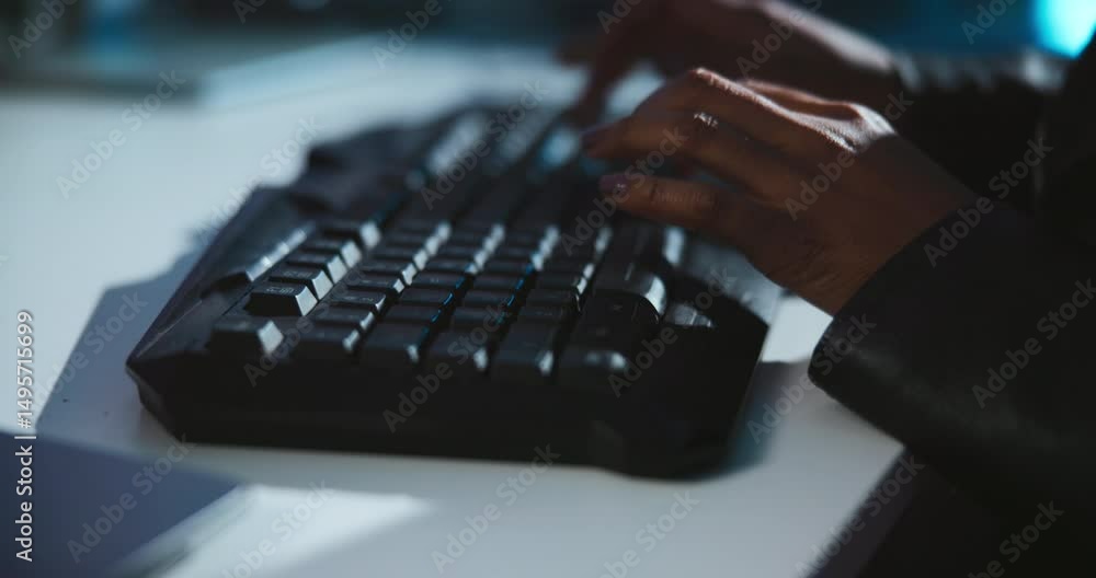Poster Keyboard, hands and hacker in office at night working on programming for malware server. Typing, online and woman hacking with password phishing for company reports with cybersecurity encryption.