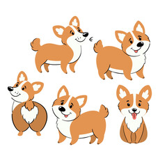 et of 5 cute corgi illustrations in flat cartoon style. Adorable dogs in fun poses, isolated on white background. Perfect vector art for kids&rsquo; designs, stickers, cards, and pet products.