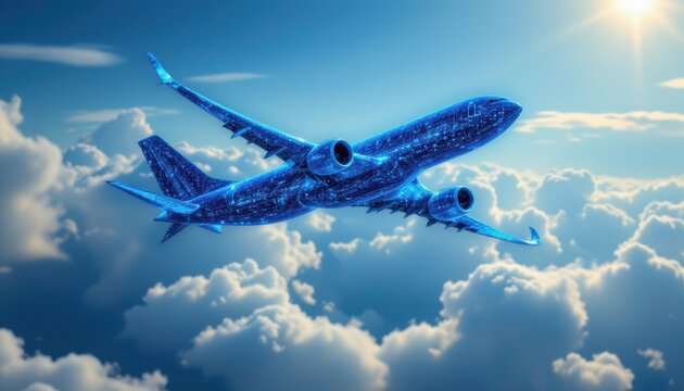 create a captivating image of a blue digital airplane soaring in a clear sky, made using data from the pany