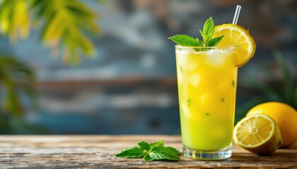 Fototapeta premium subject: refreshing tropical drink with coconut garnish, copy space at the bottom: vibrant lime tones, optimized for photo use
