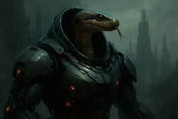 Snake Wearing a Robotic Suit in a Dystopian World