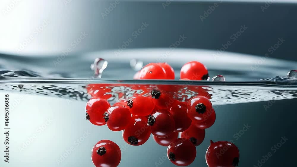 Poster bunch of red berries floating in a body of water. the water is splashing and the berries are floatin
