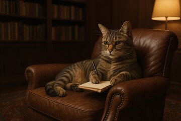 A Cat in an Armchair Wearing Glasses and Taking Notes in a Therapy Session