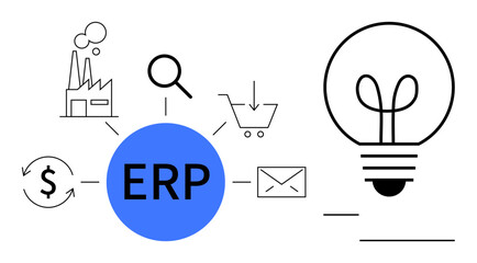 ERP system at the center linking industry, money flow, email, search, shopping cart, innovation bulb. Ideal for business, management technology planning innovation efficiency strategy. Flat
