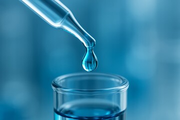 Close-up of a glass pipette dropping a single drop of vibrant blue liquid into a test tube against a blurred blue background, concept for scientific research, medical, laboratory