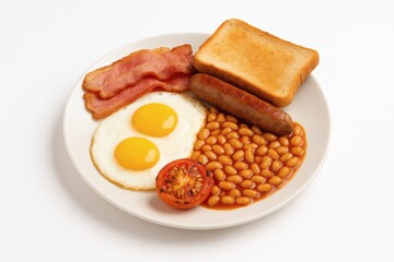 Traditional English Breakfast with Eggs, Sausage, Beans, Bread and Bacon
