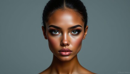 create a striking portrait of a young adult with deep skin tone and beauty makeup in a geometric style