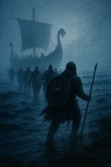 Group of Vikings Landing During the Night
