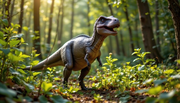 create a headshot image of a dinosaur standing in a forest surrounded by plants using technology