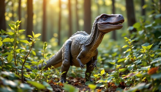 create a headshot image of a dinosaur standing in a forest surrounded by plants using technology - Powered by Adobe