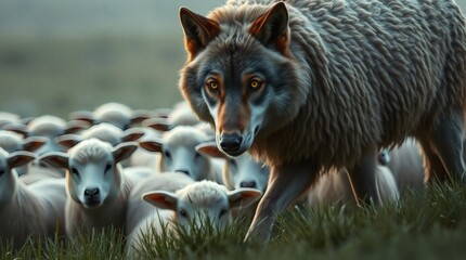 Wolf Wearing Sheep's Wool Amongst the Flock