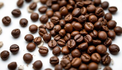 Fototapeta premium create a close up photograph of roasted coffee beans set against a white background