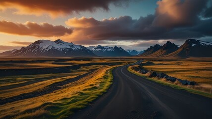 Naklejka premium Scenic mountain road at sunset