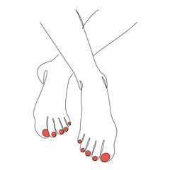 Silhouettes of human legs, feet in modern one line style. Red painted nails. Continuous line drawing, stickers, logo. Vector illustration