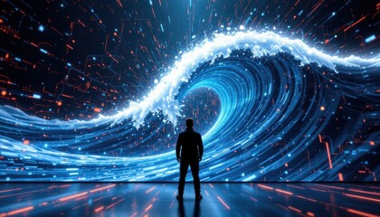 create a futuristic 3d photo featuring a dynamic abstract background with points and lines and a big wave of big data