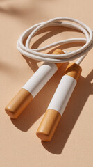 Jump rope with wooden handle and white rope on beige surface, fitness equipment for exercise and training