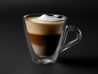 Layered Coffee Drink with Foam in Glass Cup on Black Background