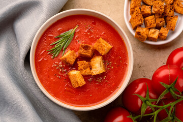 Homemade tomato soup on vintage table
