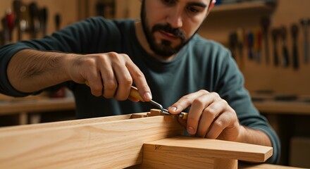 Craftsman meticulously carving wood, woodworking project, artisan skills, detailed craftsmanship, woodworking tools