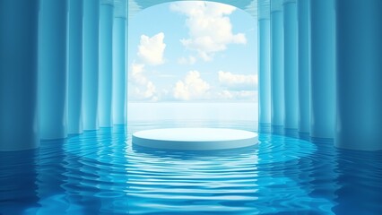 Fototapeta premium minimalistic water-themed stage with a white circular platform - artificial intelligence