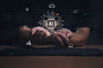 Man use AI technology to help work. Big data mining, data security, science and innovation. AI Learning and Artificial Intelligence Concept. AI concept with young man in the night.