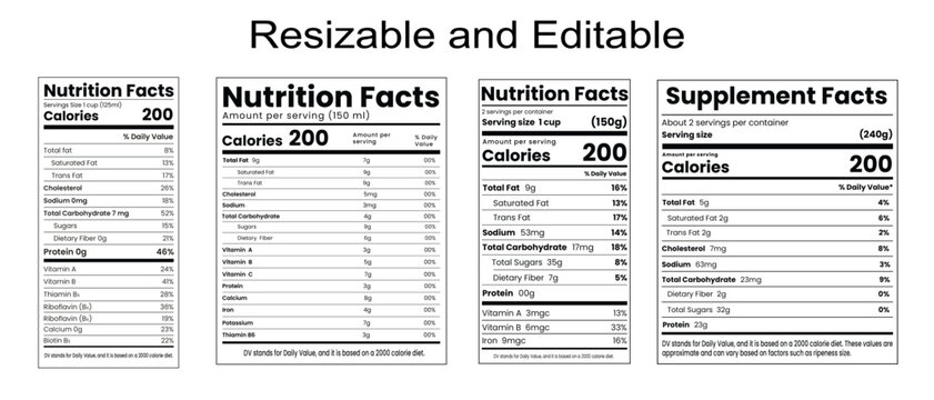 Nutrition facts template,nutrition list,information label,nutrition facts, food nutrition fact calculator vector design.