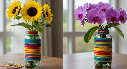 Vase with sunflowers next to a vase with purple orchids sitting on a wooden table to provide decor inspiration for home interiors. © SRD
