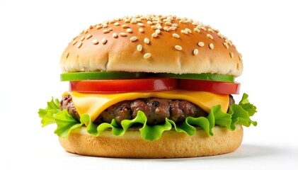 Isolated burger on white, sesame seeds visible, tasty, white background