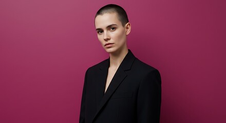 Profile of Androgynous Model with Buzzcut Wearing Sharp Suit Against Bold Color Wall Generative AI
