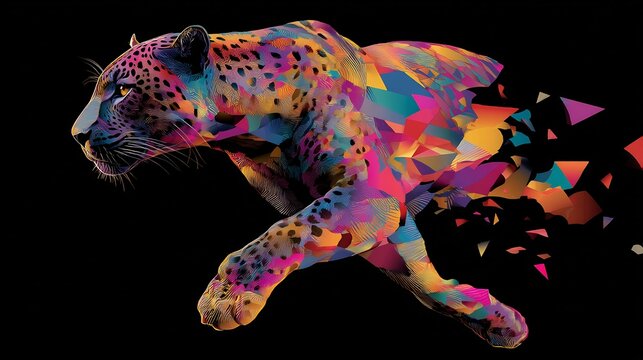 Abstract colorful leopard illustration on a black background with geometric designs