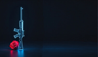 Minimalist neon rifle and rose design with space for "Memorial Day" tribute or remembrance message.