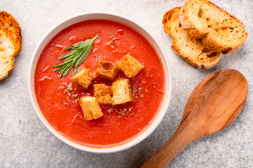 Homemade tomato soup on vintage table
