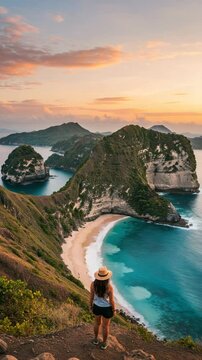 A breathtaking sunset over Keling King Beach on Nusa Penida Island shows waves and cliffs