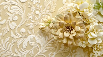 Elegant cream-colored floral arrangement on damask wallpaper.